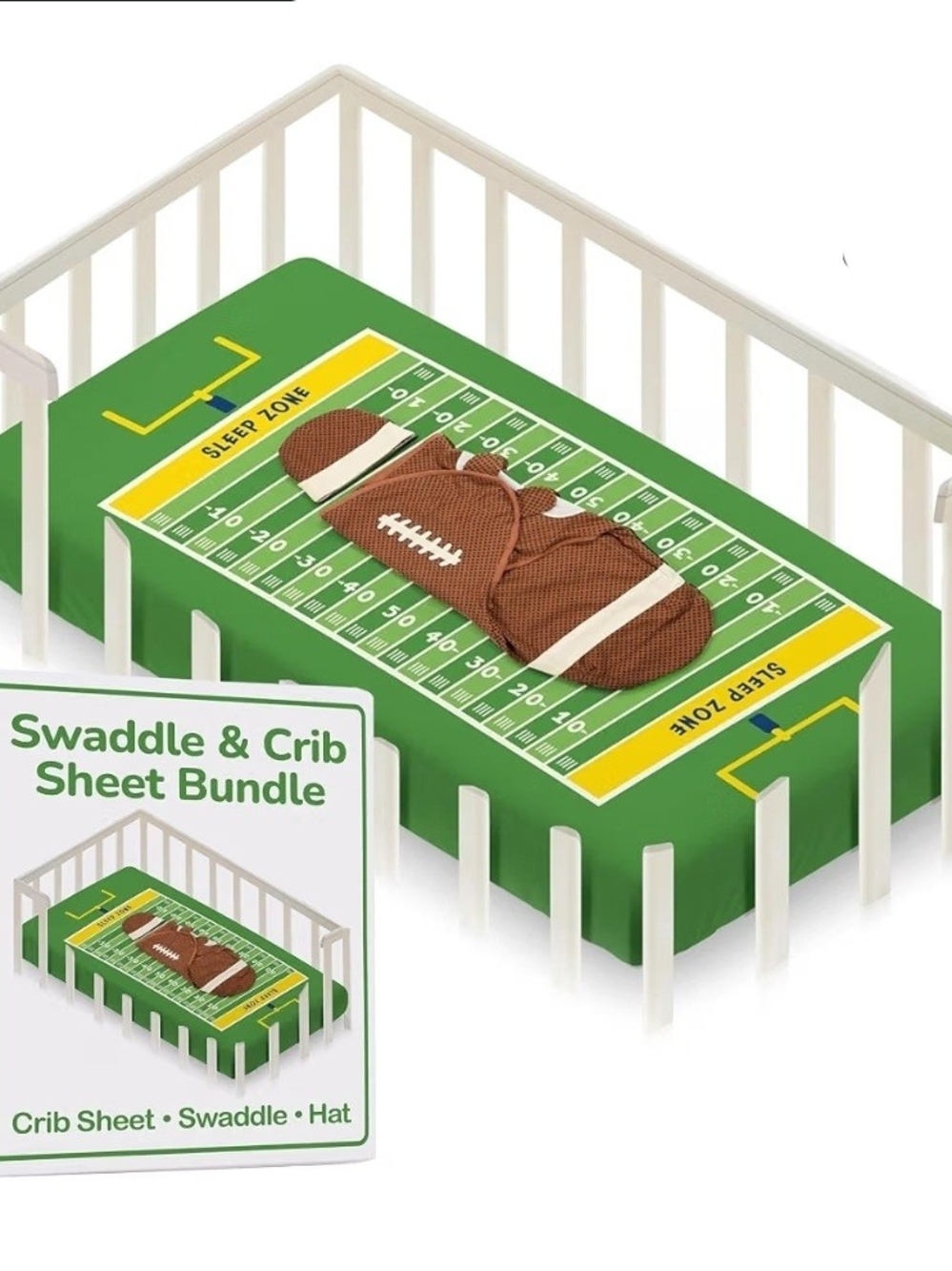 Cuddle Club Newborn Swaddle Set - Crib Sheet, Swaddle Blanket and Hat - Football